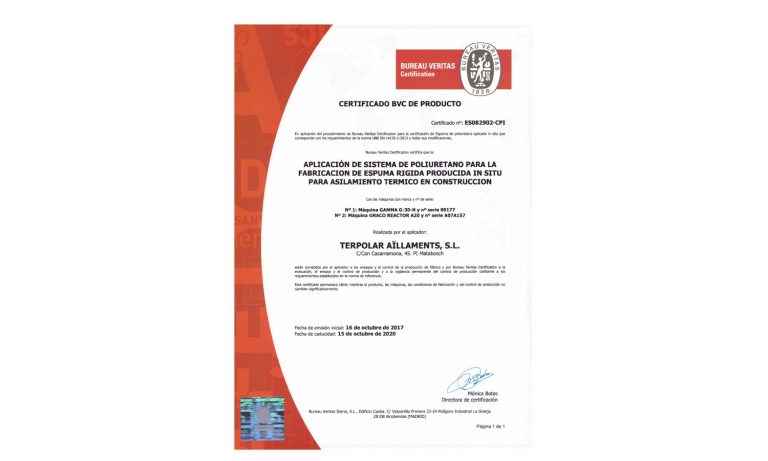 Certificat d'instal·lació i producte d'aplicació d'escuma de poliuretà in situ